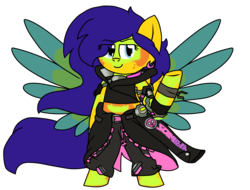 Size: 2300x1750 | Tagged: safe, artist:ashleigharts, oc, oc only, oc:mango melody, pegasus, pony, semi-anthro, clothes, commission, costume, midriff, overwatch, short shirt, simple background, solo, sombra (overwatch), transparent background
