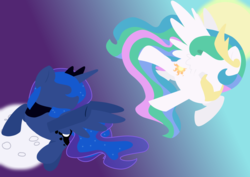 Size: 2750x1950 | Tagged: safe, artist:ashleigharts, princess celestia, princess luna, g4, duo, flat colors, gradient background, looking at each other, moon, sun, wallpaper