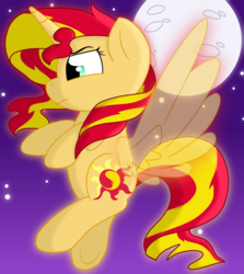 Size: 2190x2450 | Tagged: safe, artist:ashleigharts, sunset shimmer, alicorn, pony, g4, alicornified, female, flying, full moon, high res, mare, moon, race swap, shimmercorn, solo, transparent wings