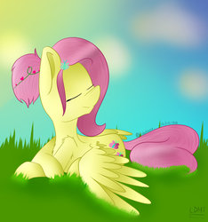 Size: 1024x1092 | Tagged: safe, artist:labelmint, fluttershy, pegasus, pony, g4, alternate hairstyle, eyes closed, female, looking up, prone, smiling, solo, spread wings, turned head, wings