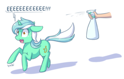 Size: 3000x1920 | Tagged: dead source, safe, artist:dsp2003, lyra heartstrings, human, pony, unicorn, g4, adorable distress, bad pony, behaving like a cat, behaving like a dog, crying, cute, dialogue, disembodied hand, ears back, eeee, female, frown, hand, lyrabetes, mare, offscreen character, open mouth, pony pet, running, scared, screaming, simple background, solo focus, spray, spray bottle, transparent background, wide eyes