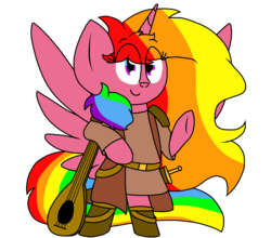 Size: 2100x1850 | Tagged: safe, artist:ashleigharts, oc, oc only, oc:rainbow melody, alicorn, pony, alicorn oc, bipedal, lute, musical instrument, rainbow hair, simple background, solo, transparent background