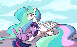 Size: 1280x783 | Tagged: safe, artist:whatsapokemon, princess celestia, twilight sparkle, alicorn, pony, unicorn, g4, blushing, cloud, eye contact, female, lesbian, looking at each other, lying down, mare, missing accessory, on back, ship:twilestia, shipping, sky, smiling