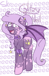 Size: 594x919 | Tagged: safe, artist:umbreow, oc, oc only, oc:glitzy veil, bat pony, pony, bat pony oc, chest fluff, coat markings, cute, dappled, derp, eeee, fangs, femboy, leg fluff, male, open mouth, ponytail, purple, simple background, skree, smiling, solo, sparkles, spots, spread wings, stallion, stars, text, white background, wide eyes, wings