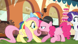 Size: 1280x720 | Tagged: safe, screencap, fluttershy, pinkie pie, rainbow dash, rarity, pony, g4, mmmystery on the friendship express, cake, food, hat, marzipan mascarpone meringue madness, mousse moose