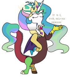 Size: 2100x2250 | Tagged: safe, artist:ashleigharts, discord, princess celestia, dungeons and discords, g4, discord's celestia face, female, high res, simple background, solo, transparent background