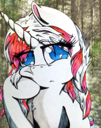 Size: 720x913 | Tagged: safe, artist:pepperscratch, oc, oc only, oc:peppermint crush, pony, unicorn, bored, female, forest, mare, solo, traditional art
