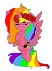 Size: 1103x1510 | Tagged: safe, artist:ashleigharts, oc, oc only, oc:rainbow melody, alicorn, pony, alicorn oc, floral head wreath, flower, rainbow hair, simple background, solo, transparent background