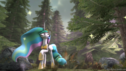 Size: 2046x1150 | Tagged: safe, artist:rainbowdashydg, princess celestia, alicorn, pony, g4, 3d, female, forest, looking up, nature, open mouth, raised hoof, smiling, solo, source filmmaker