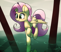 Size: 4110x3500 | Tagged: safe, artist:luxaestas, fluttershy, fish, pegasus, pony, g4, dock, female, floating, flying, high res, looking down, pylon, raised hoof, reflection, solo, spread wings, water