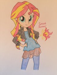 Size: 1024x1365 | Tagged: safe, artist:infernapelover, sunset shimmer, equestria girls, g4, clothes, female, hand on hip, pants, solo, traditional art