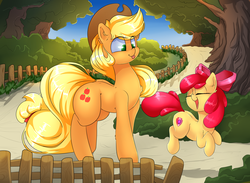Size: 4100x3000 | Tagged: safe, artist:madacon, apple bloom, applejack, earth pony, pony, g4, :p, adorabloom, apple bloom's bow, apple sisters, bow, bush, cute, duo, eyes closed, female, filly, forest, freckles, hair bow, happy, hat, high res, jackabetes, mare, open mouth, siblings, sisters, sky, the cmc's cutie marks, tongue out, tree