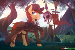 Size: 1600x1071 | Tagged: safe, artist:redchetgreen, oc, oc only, pegasus, pony, clothes, coat, hat, prosthetics, skull, solo, sword, weapon