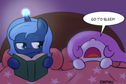 Size: 1000x667 | Tagged: safe, artist:empyu, princess celestia, princess luna, g4, 30 minute art challenge, annoyed, bed, blanket, book, cewestia, cute, dialogue, duo, female, filly, filly celestia, filly luna, glowing horn, horn, lidded eyes, looking sideways, magic, nightlight, on back, open mouth, pillow, pink-mane celestia, reading, sleeping, woona, younger