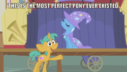 Size: 1280x720 | Tagged: safe, edit, edited screencap, screencap, snails, trixie, pony, unicorn, boast busters, g4, admiration, cape, clothes, colt, female, hat, male, mare, opinion, praise, trixie's cape, trixie's hat