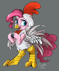 Size: 988x1183 | Tagged: safe, artist:chaguala, pinkie pie, earth pony, pony, g4, animal costume, bipedal, chicken pie, chicken suit, chinese new year, chinese zodiac, clothes, costume, female, simple background, solo