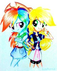 Size: 466x579 | Tagged: safe, artist:liaaqila, applejack, rainbow dash, equestria girls, g4, alternate clothes, clothes swap, hatless, looking at each other, missing accessory, smiling, traditional art