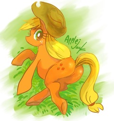Size: 640x677 | Tagged: safe, applejack, earth pony, pony, g4, butt, female, looking back, lying down, mare, on side, plot, solo