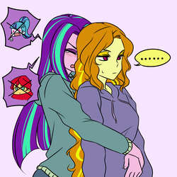 Size: 1000x1000 | Tagged: safe, artist:raika0306, adagio dazzle, aria blaze, sonata dusk, sunset shimmer, equestria girls, g4, rainbow rocks, ..., blushing, clothes, crying, eyes closed, female, from behind, hoodie, hug, jealous, lesbian, long hair, loose hair, open mouth, possessive, ship:adaria, shipping, simple background, sweater, the dazzlings