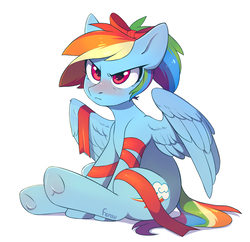 Size: 2915x2817 | Tagged: safe, artist:fensu-san, rainbow dash, pegasus, pony, g4, alternate hairstyle, backwards cutie mark, blushing, bow, female, grumpy, hair bow, high res, mare, rainbow dash always dresses in style, ribbon, signature, simple background, sitting, solo, spread wings, white background, wings