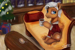 Size: 1107x741 | Tagged: safe, artist:cattle32, oc, oc only, earth pony, pony, cake, cheesecake, clothes, coffee, couch, dessert, food, indoors, male, peace symbol, scenery, solo, stallion, table