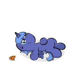 Size: 1512x1252 | Tagged: safe, artist:littletigressda, princess luna, fanfic:if you give a moon pony a cookie, g4, cookie, fanfic, fanfic art, fanfic cover, female, filly, food, on back, simple background, smiling, solo, white background, woona, younger