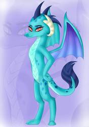 Size: 719x1024 | Tagged: safe, artist:fireheartsk, princess ember, dragon, g4, female, hand on hip, looking at you, smiling, solo, spread wings