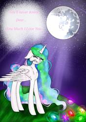 Size: 719x1024 | Tagged: safe, artist:fireheartsk, princess celestia, pony, g4, crying, female, mare in the moon, moon, sad, solo, song, you are my sunshine