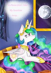Size: 719x1024 | Tagged: safe, artist:fireheartsk, princess celestia, pony, g4, female, mare in the moon, moon, sad, solo, song, you are my sunshine