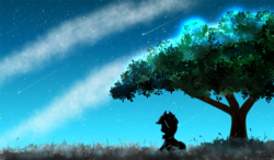 Size: 3000x1750 | Tagged: safe, artist:canister, applejack, g4, cowboy hat, female, hat, looking up, night, scenery, shooting star, silhouette, solo, stargazing, starry night, stars, stetson, tree