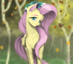 Size: 2230x1960 | Tagged: safe, artist:vinicius040598, fluttershy, g4, autumn, female, floral head wreath, flower, leaves, solo