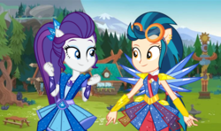 Size: 800x472 | Tagged: safe, artist:limedazzle, artist:mixiepie, artist:themexicanpunisher, indigo zap, rarity, equestria girls, g4, my little pony equestria girls: legend of everfree, clothes, clothes swap, crystal wings, female, goggles, lesbian, rarizap, shipping, show accurate