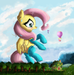 Size: 1976x2000 | Tagged: safe, artist:shogundun, fluttershy, pinkie pie, twilight sparkle, alicorn, pony, g4, clothes, female, fluttershy's cottage, giant pony, hot air balloon, macro, open mouth, scenery, signature, socks, tree, twilight sparkle (alicorn)