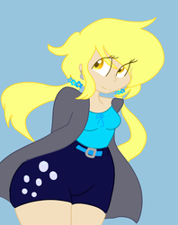 Size: 1024x1290 | Tagged: safe, artist:cubbybatdoodles, derpy hooves, human, g4, bubble butt, ear piercing, earring, female, humanized, jewelry, piercing, pigtails, solo, underp, wide hips
