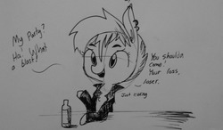 Size: 1280x746 | Tagged: safe, artist:tjpones, oc, oc only, oc:super rad bat gal, bat pony, pony, chest fluff, dialogue, ear fluff, ear piercing, grayscale, monochrome, open mouth, piercing, smiling, solo, traditional art