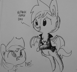 Size: 1136x1066 | Tagged: safe, artist:tjpones, applejack, oc, oc only, oc:super rad bat gal, bat pony, pony, g4, apple, chest fluff, dialogue, duo, ear fluff, food, grayscale, holding, monochrome, no, open mouth, smiling, solo, spread wings, traditional art