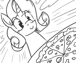 Size: 821x681 | Tagged: safe, artist:jargon scott, rarity, pony, unicorn, g4, black and white, bust, cadance's pizza delivery, female, food, grayscale, monochrome, mushroom, pizza, portrait, rarity looking at food, smiling, solo