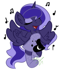 Size: 2483x2820 | Tagged: safe, artist:mal-cat, princess luna, alicorn, anthro, g4, chibi, clothes, cute, dress, ear fluff, eyes closed, female, high res, lunabetes, mare, simple background, singing, socks, solo, spread wings, transparent background