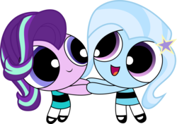 Size: 1421x1000 | Tagged: safe, artist:phucknuckl, starlight glimmer, trixie, pony, unicorn, g4, crossover, duo, female, holding hands, looking at each other, mare, open mouth, powerpuffified, simple background, smiling, the powerpuff girls, transparent background, vector