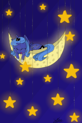 Size: 1356x2048 | Tagged: safe, artist:barkmist, princess luna, g4, eyes closed, female, filly, moon, prone, solo, stars, tangible heavenly object, woona, younger