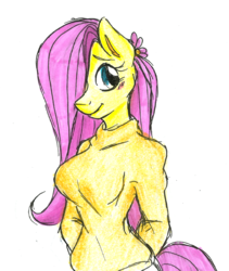 Size: 1026x1213 | Tagged: safe, artist:ayyysooo, fluttershy, anthro, g4, blushing, clothes, female, flower, flower in hair, simple background, smiling, solo, sweater, sweatershy, traditional art