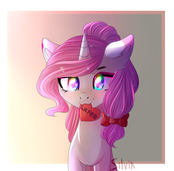 Size: 1300x1281 | Tagged: safe, artist:silvia, oc, oc only, oc:sweesery, pony, unicorn, :3, bow, color porn, ear fluff, hair bow, heart, looking at you, mouth hold, pink hair, pink mane, smiling, solo, wingding eyes