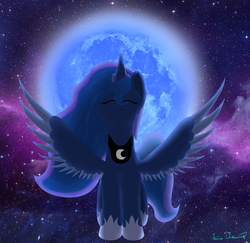 Size: 3715x3607 | Tagged: safe, artist:limedreaming, princess luna, pony, g4, eyes closed, female, high res, moon, solo, space, spread wings