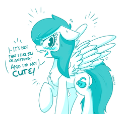 Size: 1500x1364 | Tagged: safe, artist:xieril, oc, oc only, oc:spur bevel, pegasus, pony, angry, blatant lies, blushing, chest fluff, cute, cutie mark, female, i'm not cute, looking at you, monochrome, nervous, simple background, solo, spread wings, tsundere, white background, wingboner