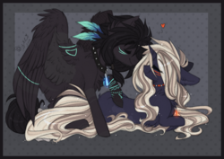 Size: 1555x1101 | Tagged: safe, artist:tay-niko-yanuciq, oc, oc only, oc:betelgeuse alfa orionis, oc:sceptrum jota eridanis, pony, collar, duo, eyes closed, feather, heart