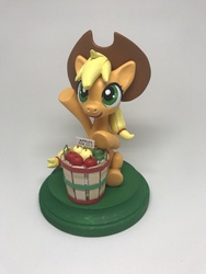 Size: 3024x4032 | Tagged: safe, artist:cadmiumcrab, applejack, earth pony, pony, g4, apple, bucket, craft, female, food, high res, sculpture, smiling, solo, traditional art, waving