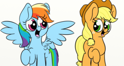 Size: 1366x728 | Tagged: safe, artist:littleflaky, applejack, rainbow dash, pony, g4, raised hoof, simple background, spread wings, voice actor joke