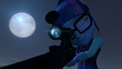 Size: 1191x670 | Tagged: safe, artist:mistsnare, sci-twi, starlight glimmer, twilight sparkle, equestria girls, g4, 3d, female, glasses, gun, moon, night, one eye closed, optical sight, parody, reflection, rifle, smiling, sniper, sniper (tf2), sniper rifle, source filmmaker, team fortress 2, teeth, twilight sniper, weapon