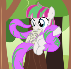 Size: 1944x1880 | Tagged: safe, artist:badumsquish, derpibooru exclusive, blossomforth, half-pony, pegasus, pony, g4, carrying, crossbreeding, drawing, duo, father and daughter, female, filly blossomforth, forest, fridge horror, grin, happy, implications, interspecies offspring, male, mouth hold, offspring, paper, raised hoof, sitting, smiling, teeth, tentacles, the implications are horrible, younger