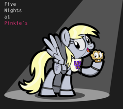 Size: 1354x1206 | Tagged: safe, artist:kingtoby19, derpy hooves, pegasus, pony, robot, robot pony, g4, animatronic, crossover, female, five nights at freddy's, five nights at pinkie's, food, mare, muffin, solo, spread wings